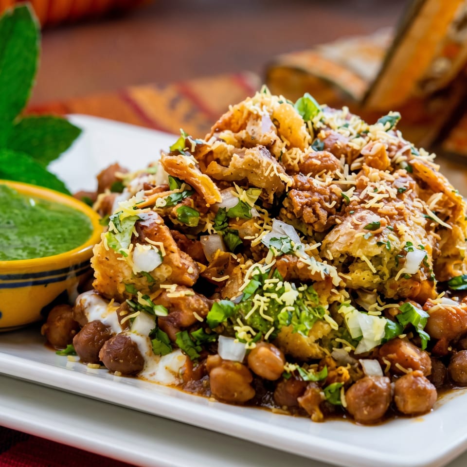 A plate of Indian chaat with chickpeas, fried dough, sauces, and a side of green chutney.