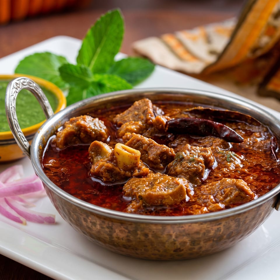 Rich, dark meat curry in a hammered copper bowl, with green chutney, mint, and sliced red onions.