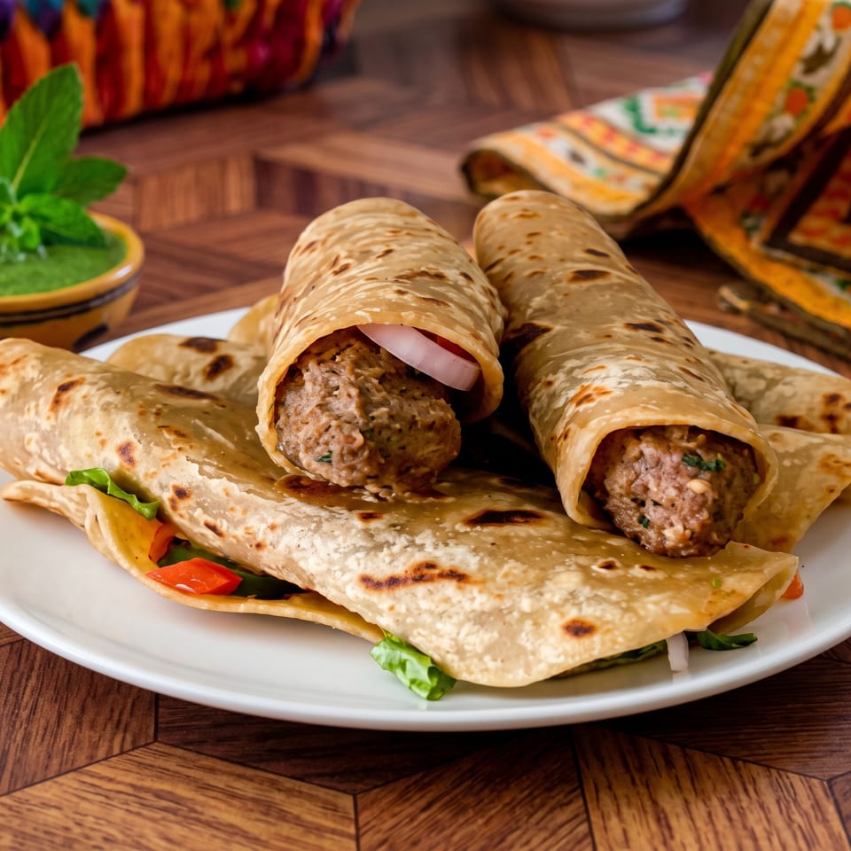 Two meat-filled paratha rolls with onions on a white plate, served with green chutney.