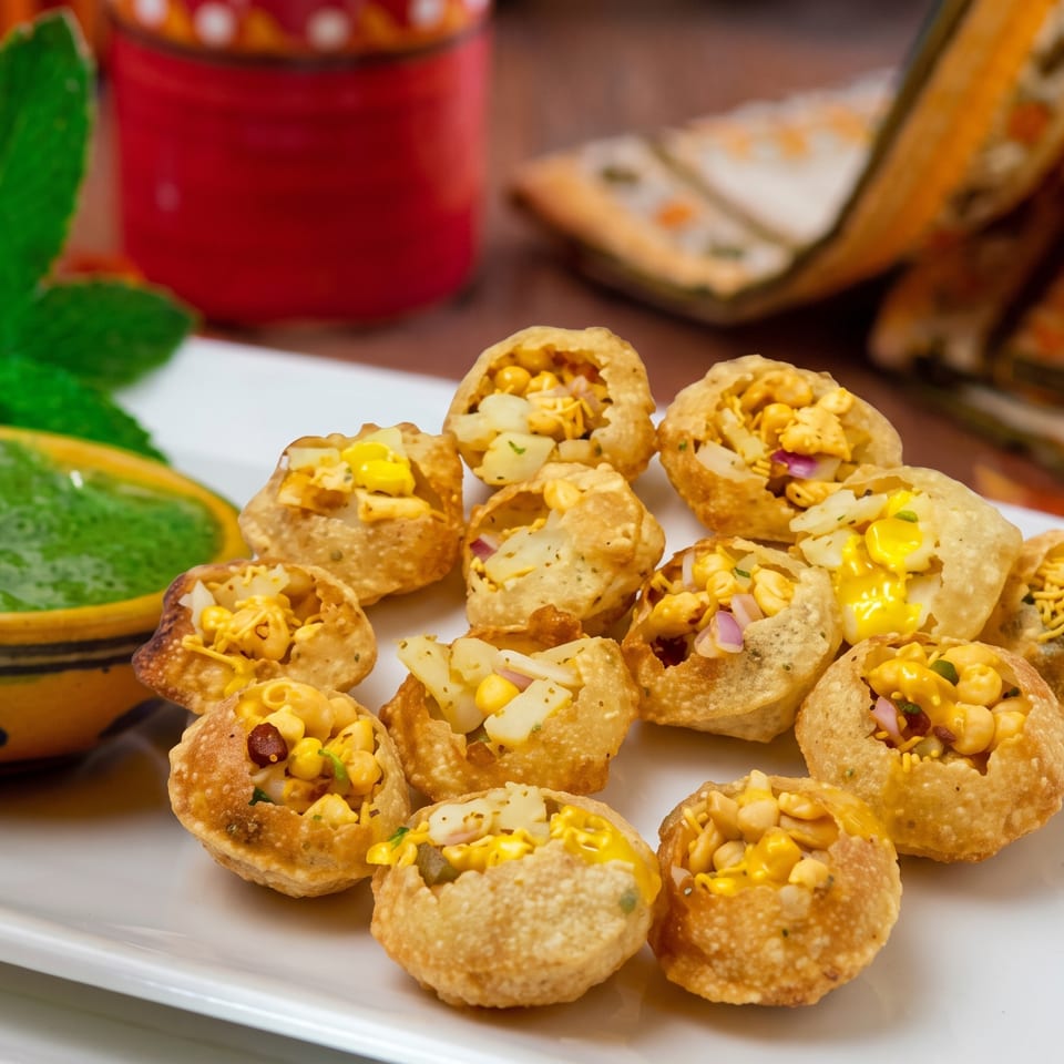 A plate of pani puri, filled with potatoes, chickpeas, and corn, next to a bowl of green chutney.